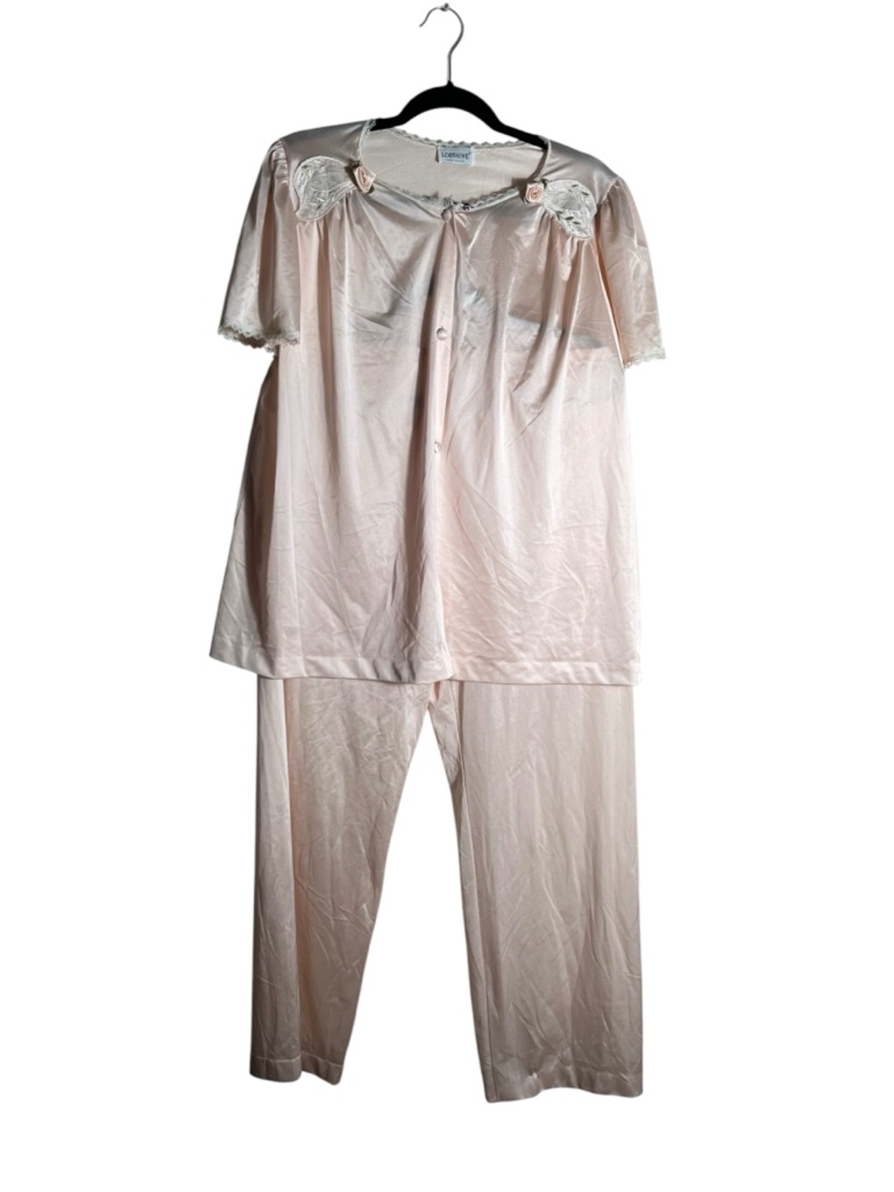 Vintage Lorraine Pink Satin Pajama Set Lace Trim Coquette‎ Sleepwear USA